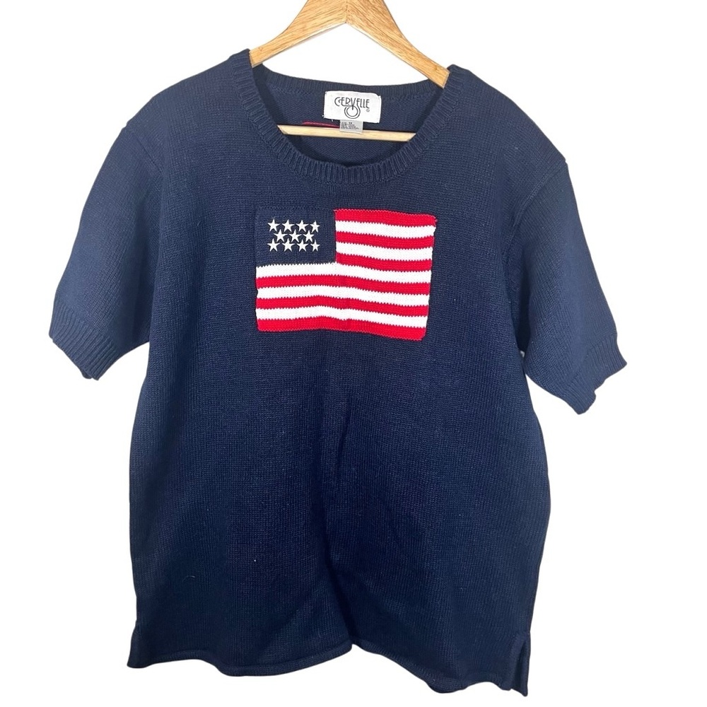Vintage Cervelle American Flag Knit Americana Sweater Short Sleeve Top Size 1X